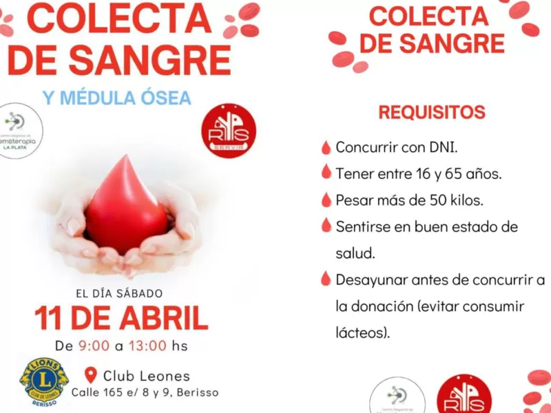 Realizarán una colecta de sangre y médula ósea en Berisso