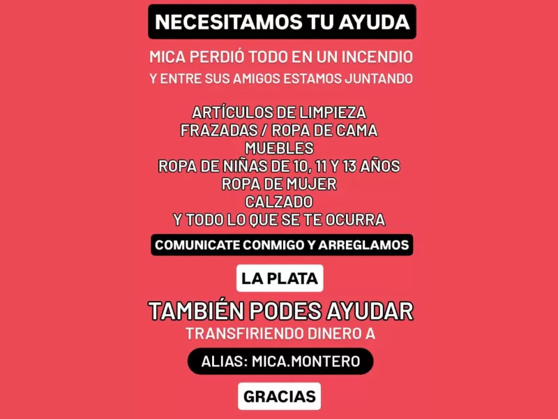 Sumate a la colecta solidaria para ayudar a una mujer y su familia que perdió todo en un incendio