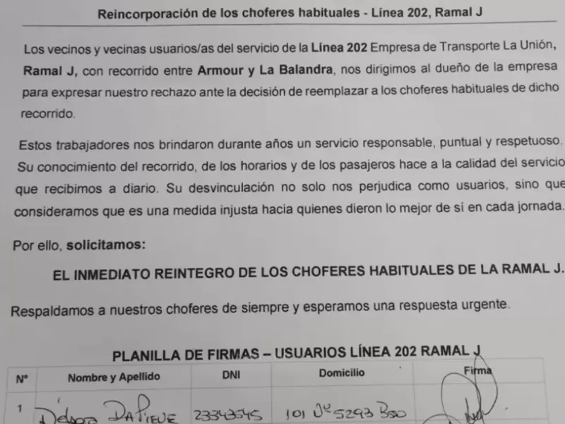 Vecinos de Berisso juntan firmas para pedir que vuelvan los choferes históricos de la Línea 202
