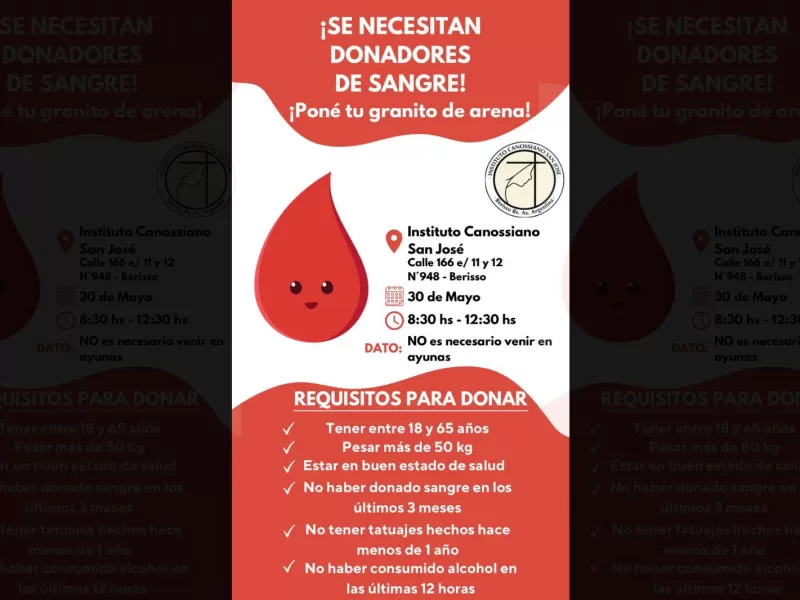 Convocan a donar sangre y médula ósea en el Instituto Canossiano de Berisso
