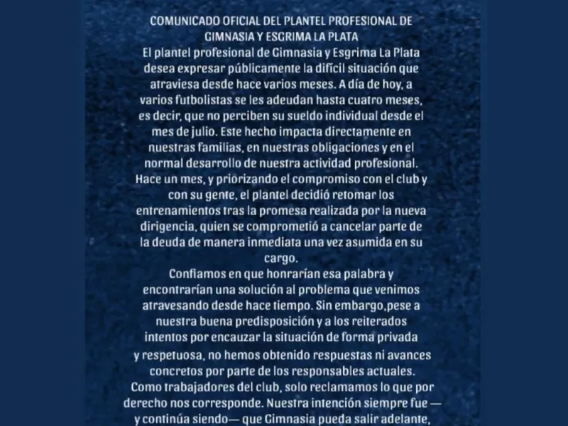 El plantel de Gimnasia denunció una deuda de cuatro meses y suspendió el entrenamiento en la previa al Clásico