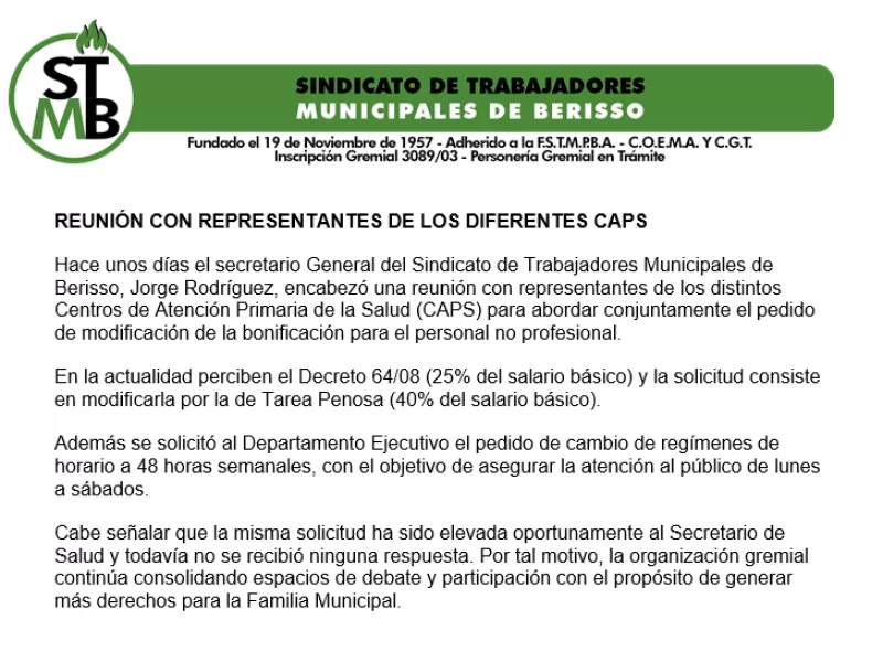 Municipales de Berisso reclaman mejoras para trabajadores de los CAPS