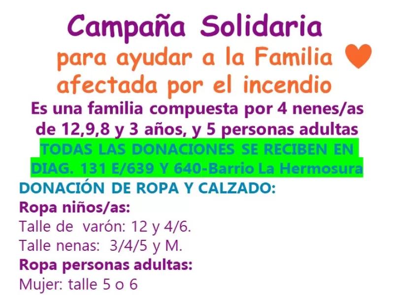 Solicitan colaboración para una familia que perdió todo en un incendio