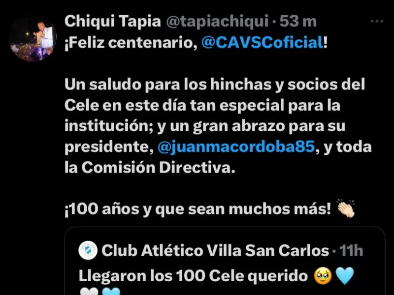 El saludo de “Chiqui” Tapia a Villa San Carlos por su centenario
